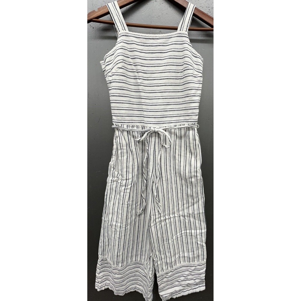 Beach Lunch Lounge‎ Linen Jumpsuit XS White Blue Stripe Crop Beachy Boat Preppy